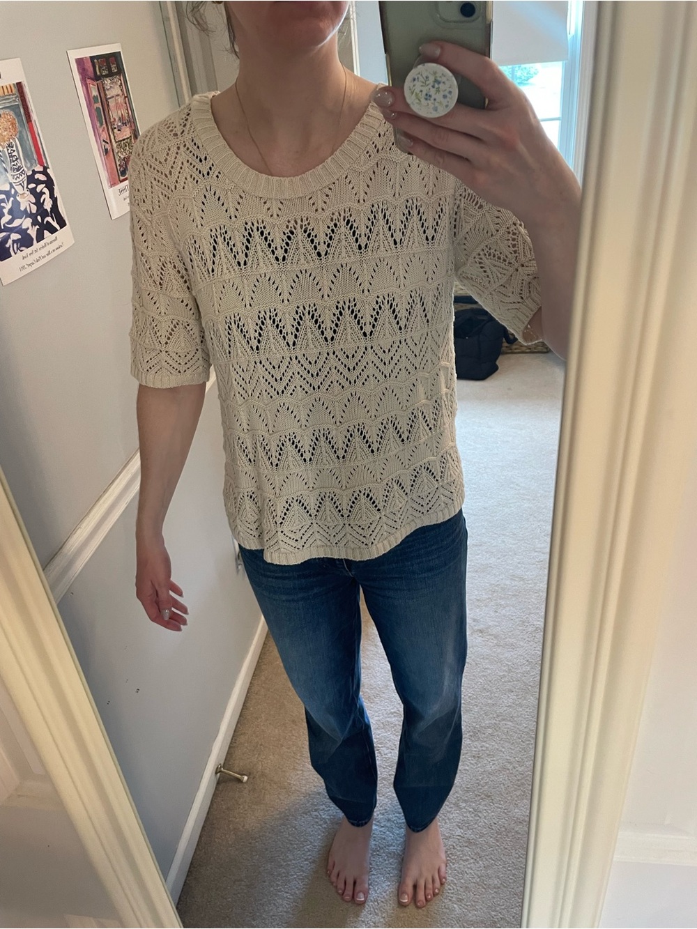 Cream Open-Knit Short Sleeve Sweater
